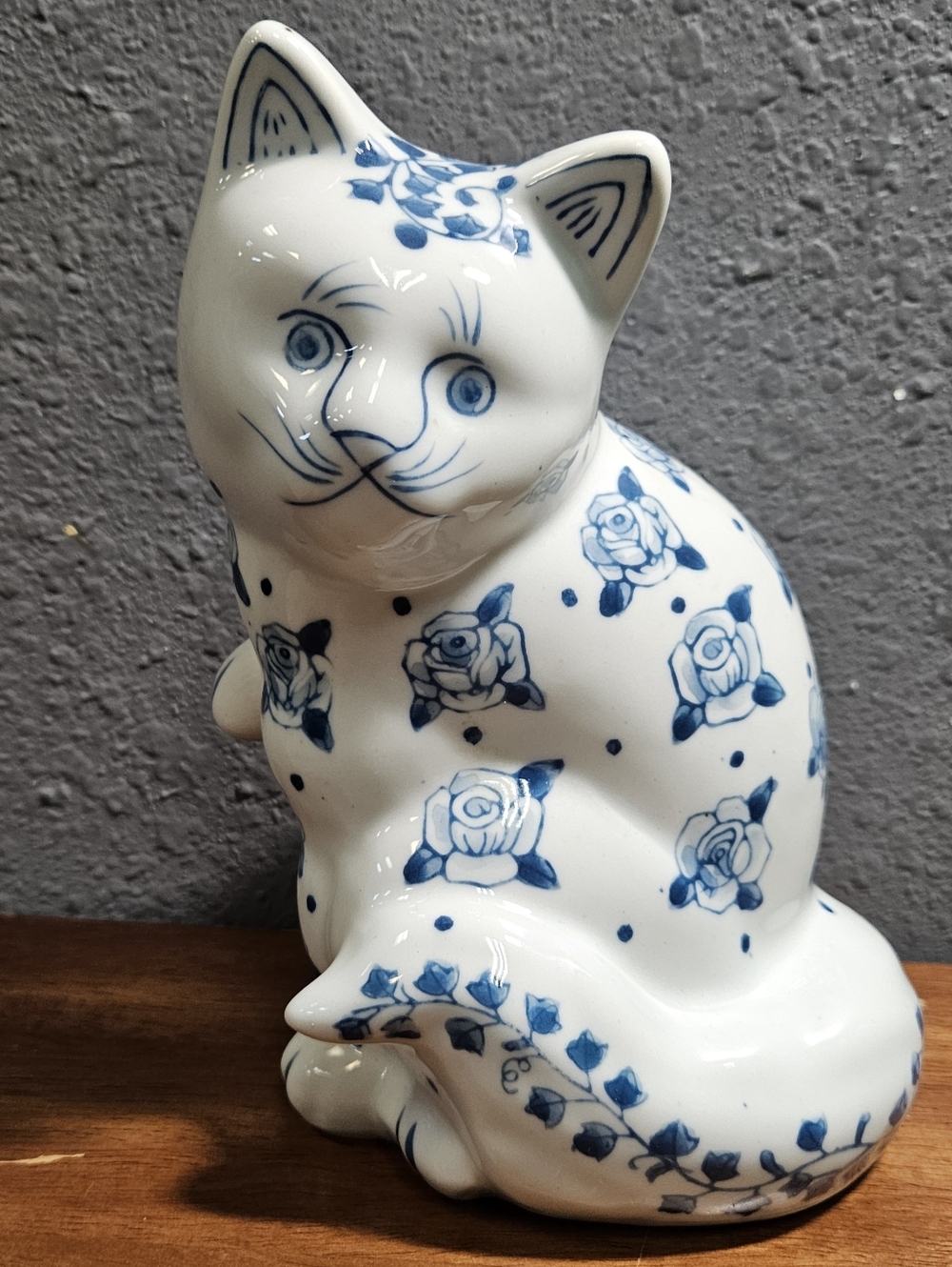 Vintage Blue and White Ceramic Cat Figurine Floral Rose Chintz Porcelain Statue